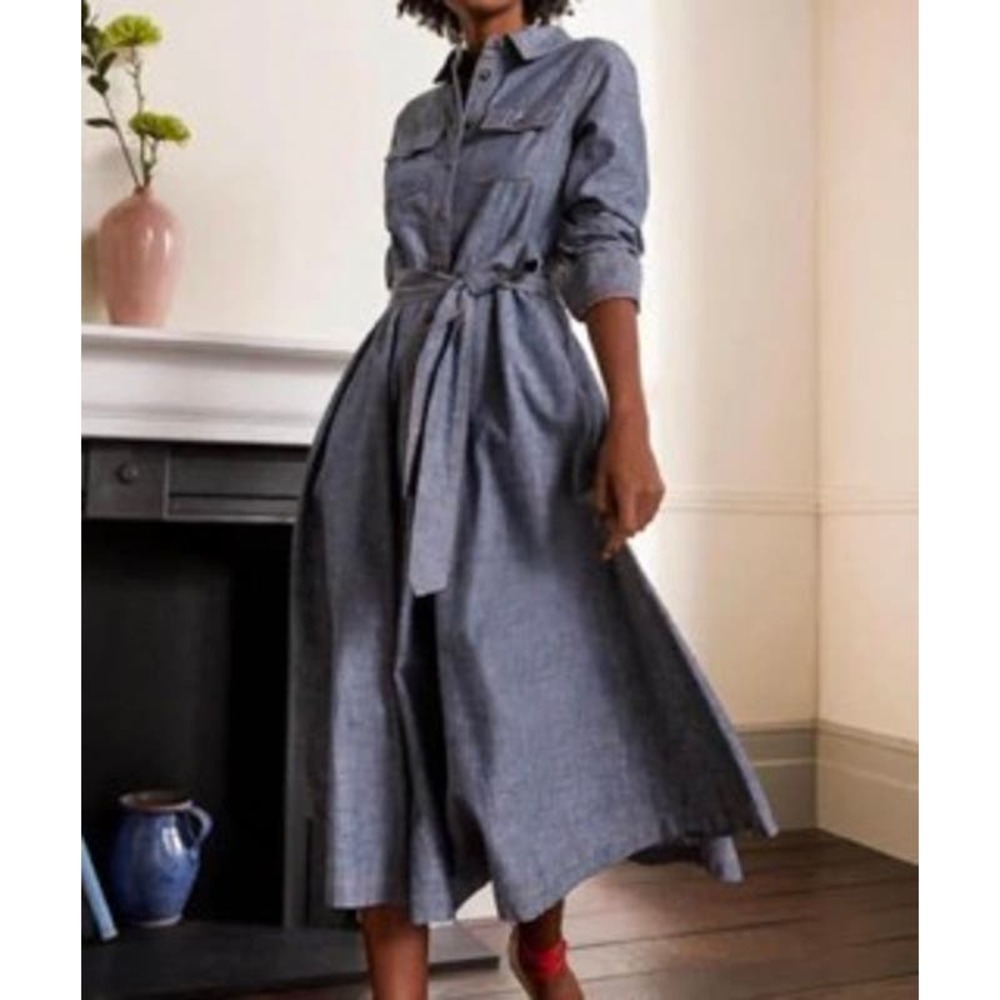Boden Colette Long Sleeve Denim Chambray Button Shirtdress Belted Midi sz 4
